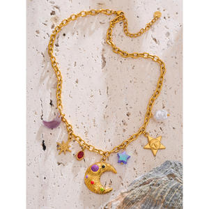 JINYOU 1342 exquisita joyería de moda de acero inoxidable esmalte Luna estrella perla simulada accesorios colgante collar - Product Image 2