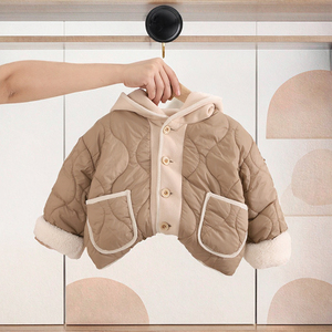 Cappotto Casual alla Moda per Bambini con Cappuccio a Contrasto, Fodera in <span class=keywords><strong>Pile</strong></span>, Polsini in Sherpa, Chiusura a Bottoni, Caldo e Carino per Gite e Attività all'Aperto OEM ODM - Product Image 3