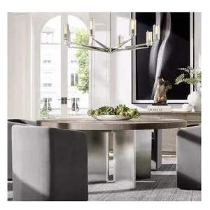 Plateau en bois de chêne massif de luxe pour maison moderne avec canal de base en métal table à manger ronde en bois pour meubles de salle à manger