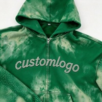 Sweat à capuche zippé pour homme, Premium Vintage, délavé soleil, délavé à l'acide, effet vieilli, avec strass, 100% Coton, molleton épais, bords bruts, style Streetwear