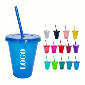Gobelet à bière en plastique sans BPA de 16 oz avec logo personnalisé, paille intégrée, surface unie translucide à paillettes pour le camping et les fêtes - Product Image 1
