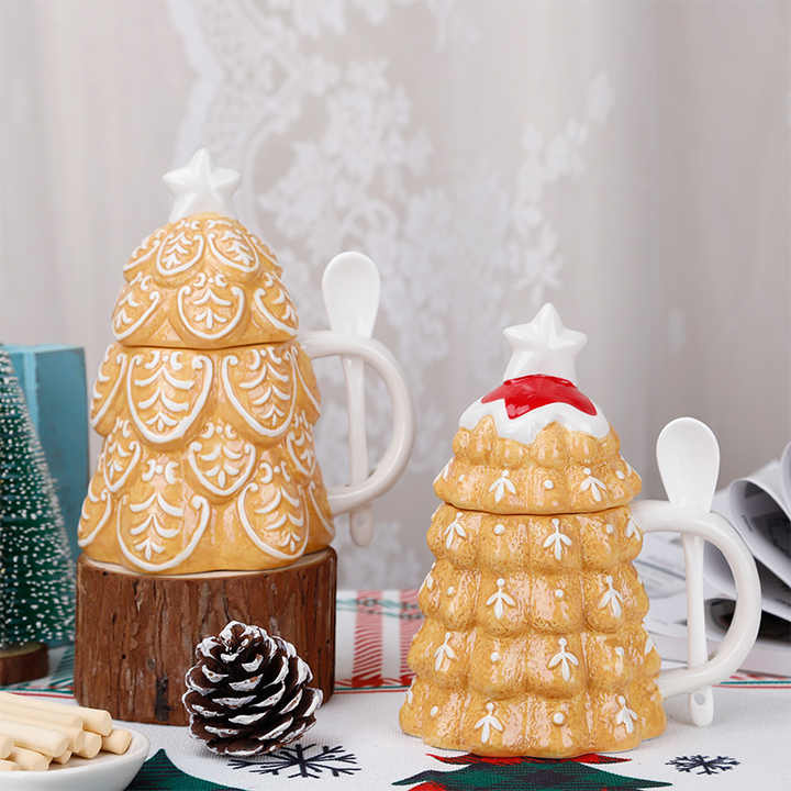 Redeco Christmas Tree Shaped 3D Coffee Ceramic Mug With Spoon Custom Cup for Festive Holiday Home Drinkware