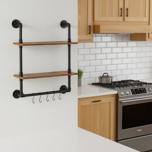 Étagère murale industrielle à 2 niveaux 24x7,87 pouces avec plateau en bois et crochets pour rangement de cuisine - Product Image 2