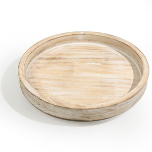 Round Rotating Solid Wood Fruit <b>Tray</b> For Home Dining <b>Table</b> Storage Grayish White And Light Yellow Polished White - Product Image 5