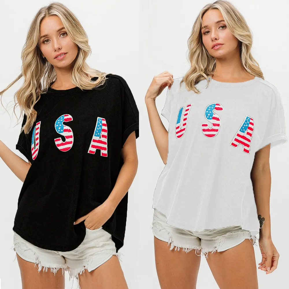 Independence Day Custom Logo Summer July 4th Patriotic Blouse USA Terry Embroidery Women Sequin Shirts