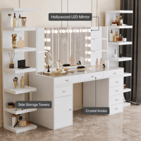 Coiffeuse avec miroir à LED et rangement à boutons en cristal pour un ensemble de coiffeuse de luxe spacieux pour chambre principale