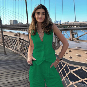 <strong>2026</strong> Foreign Trade Women's Summer Loose Solid <strong>Cotton</strong> Linen Sleeveless Vest Waistcoat Trousers Two-piece Casual Suit - Product Image 3