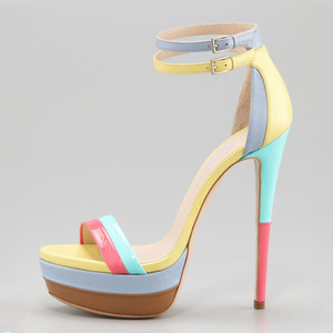 Zapatos de tacón alto de plataforma de talla grande 46 para mujer, sandalias de punta abierta con doble correa y hebillas, estilo patchwork para bailarinas. - Product Image 2