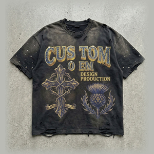 <b>Rivet</b> Worn Out Vintage Distressed Digital Printing 100% Cotton OEM Custom Boxy Oversized Streetwear Men's T-shirt - Product Image 1
