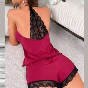 ชุดนอนลูกไม้2ชิ้นสำหรับฤดูร้อนชุดคอวีแขนกุดแบบลำลองของผู้หญิงชุดนอนลูกไม้สีพื้นเซ็กซี่ใส่อยู่บ้าน - Product Image 4