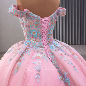 Robe de soirée d'été rose à épaules dénudées avec broderie de sequins et fleurs, style bouffant en organza, pour fêtes, Rsm241084E - Product Image 5