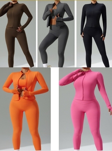 Veste et legging pour femmes en nylon solide marron ensemble de survêtement deux 2 pièces ensemble survêtement vêtements de sport vêtements de sport athlétiques - Product Image 2