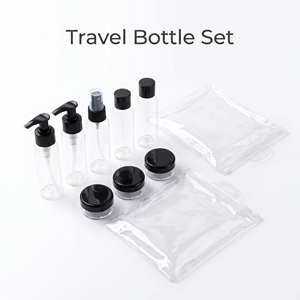 Meilleures ventes : Kit de voyage anti-fuite avec flacons de toilette en plastique rechargeables et pochette de rangement – Couleurs et tailles personnalisables, design tendance - Product Image 1