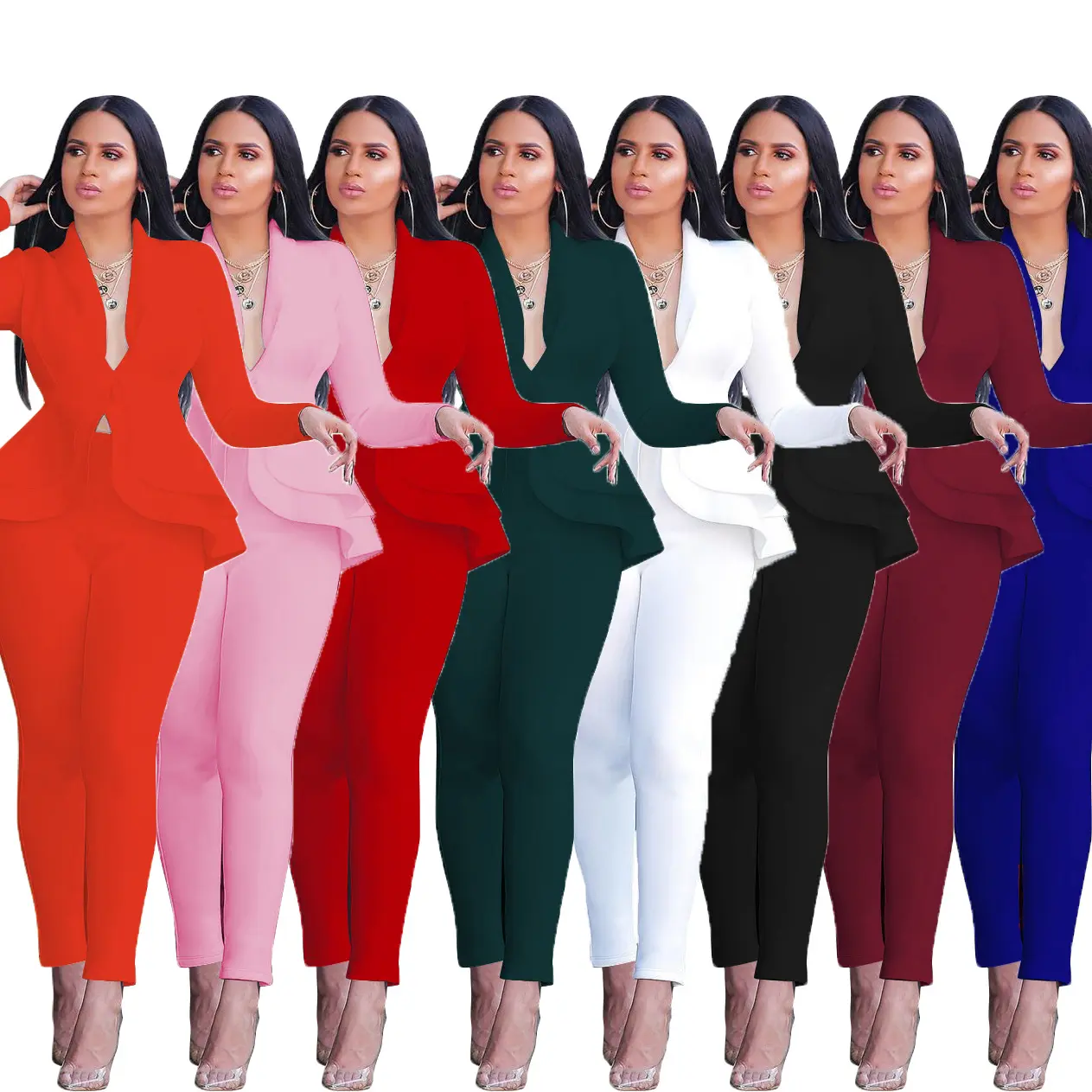 Office Ladies Fashion Ruffled Two Piece Sets Women Clothing Business Wear Uniforms Casual Office Lady Set 2 Set Breathable T/T