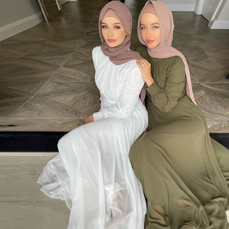 Wholesale Turkey Arabia Women Solid Color Chiffon Evening Party Long Sleeve Modest Maxi Abaya Muslim Dress