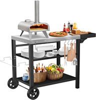 Outdoor-Grillwagen aus Edelstahl mit Pizzaofen, Tisch, feststellbaren Rädern, Haken und verstellbarem Metallgitter – Kücheninsel, Schwarz