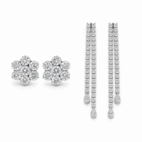Boucles d'oreilles pendantes en or blanc 18 carats avec diamants de 3,273 carats, chaîne double rangée style tennis à pampilles, grappe de fleurs et diamants taille poire pour soirée