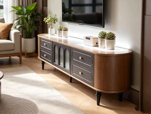 Meuble TV de style mid-century modern avec structure en bois massif et rangement dissimulé pour le salon - Product Image 2
