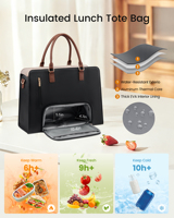 Sac pour ordinateur portable LOVEVOOK avec compartiment isotherme pour le déjeuner, sac pour ordinateur portable 15,6 pouces pour femmes, sac de travail en cuir PU avec porte-gobelet