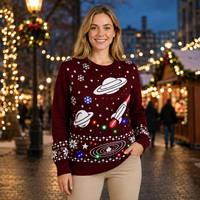Pull de Noël LED pour femme FNJIA, tricot jacquard bordeaux, motif planètes, fusées, flocons de neige, pull lumineux pour les fêtes, personnalisable OEM