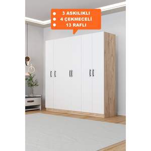 Armoire autoportante Kale à 6 portes en mélamine blanche avec 4 tiroirs et 13 étagères, fonction pliable pour chambre et rangement hôtelier - Product Image 6