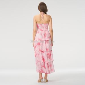 Robe d'été élégante personnalisable pour femme, à bretelles spaghetti, sans manches, à volants, imprimée et dos nu - Product Image 4