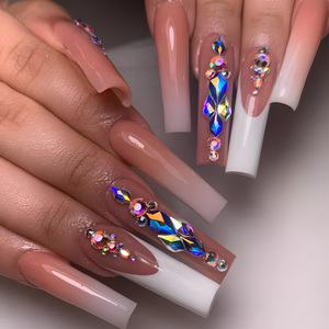 24pcs Long ABS Pipe Pattern Nail Simple White French & Gradient avec Sparkling Diamond Square Style Application Trends Fake Nail - Product Image 1