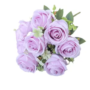 Persediaan pabrik buket bunga mawar buatan 9 kuntum warna permen cantik