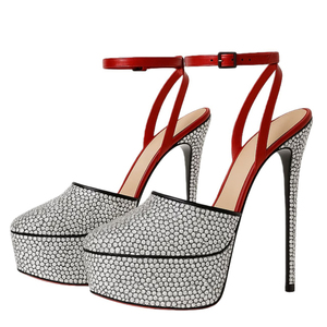 Sandales à plateforme épaisse pour femme, taille 45, avec diamants argentés brillants, coupe large, talons hauts fins, bride de cheville rouge et talon découpé - Product Image 2