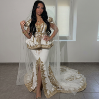 Nouvel ensemble élégant de veste de mariage traditionnelle brodée en or blanc et robe longue Karakou pour femme, coupe droite en crêpe banane