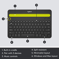 Clavier sans fil Logitech K480 2,4 GHz à membrane, 88 touches, indicateur de batterie 24 mois, pour ordinateur portable et déploiement informatique
