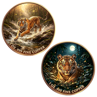 Pièce de monnaie de défi en cuivre fin .999 de 1 oz, motif Tigre saulant dans un ruisseau forestier au lever du soleil sur les montagnes, Bête sauvage, Vente en gros