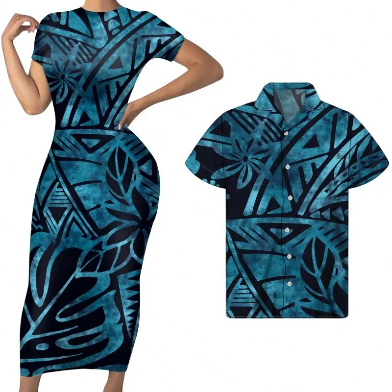 Amor venta al por mayor de la Polinesia azul oscuro Tribal Monstera impresión Floral de las mujeres Maxi vestido encuentro hombres camisas moda pareja caliente