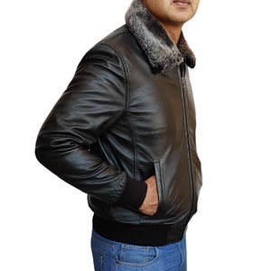 Veste en cuir et toile de style moto pour homme, personnalisée, printemps, doublure en peau de mouton, respirante, style streetwear, col rond - Product Image 3