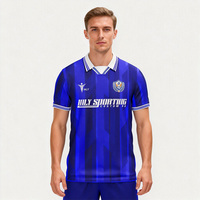 Camiseta de Fútbol Retro de Poliéster con Franja Tipo Polo Azul, Ropa Deportiva Personalizada, Ligera y Transpirable