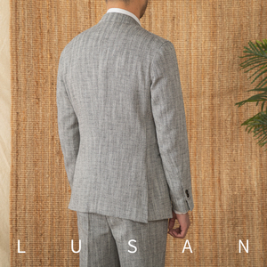 Costume d'affaires rétro slim pour homme style italien décontracté demi-doublé trois fins coton lin fermeture simple boutonnage plat - Product Image 3