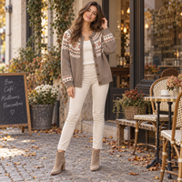 Cardigan en tricot Fair Isle pour femme, jacquard nordique, boutonné, col rond, tricot d'hiver décontracté, personnalisable OEM ODM