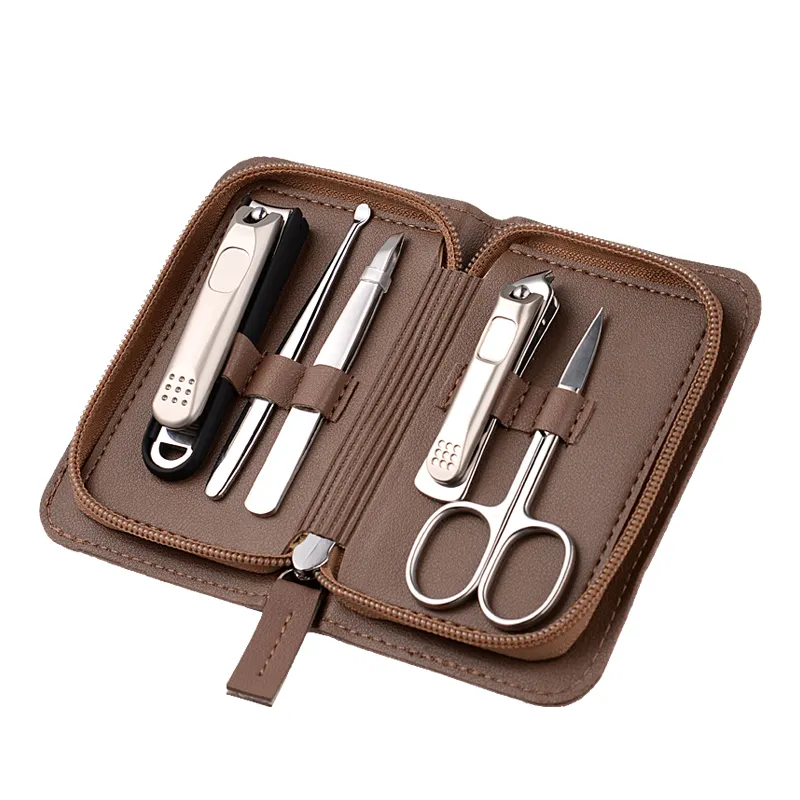 Professional Stainless Steel Travel Grooming Kit Nail Care 6pcs Manicure Pedicure Set with leather bag