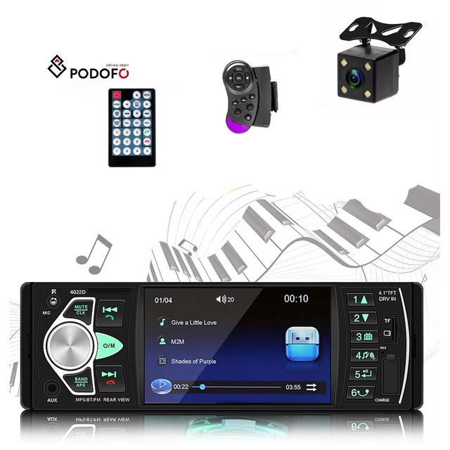Podofo 4.1'' 1 Din Car Radio Car MP5 Player 4022D BT USB AUX TF Card Slot Steering Wheel Remote Control + Rear Camera EU Stock
