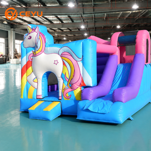 Château gonflable Ceyu avec toile de fond arc-en-ciel et toboggan incurvé pour location de fête d'anniversaire de fille - Product Image 2