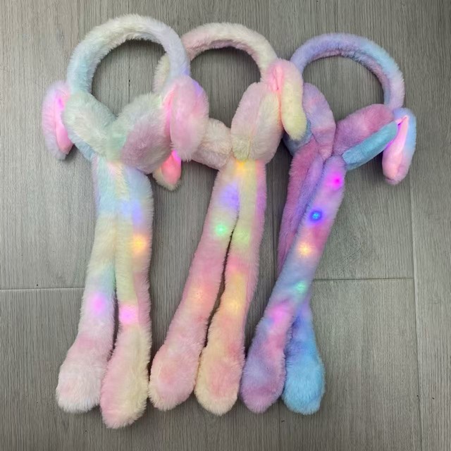 LED Light up Gradient Bunny Ear Earmuffs Winter Warm Fluffy Plush 100% Polyester Moving Headband