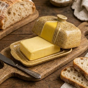 Pot à beurre en céramique gaufrée avec couvercle, boîte à beurre en céramique aspect lin marron à texture tissée, récipient de rangement en céramique pour beurre et fromage - Product Image 2