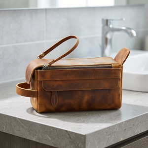 Trousse de Toilette en Cuir Moyenne Vintage avec Fermeture Éclair, Étui Cosmétique Durable avec Poignée Souple - Product Image 3