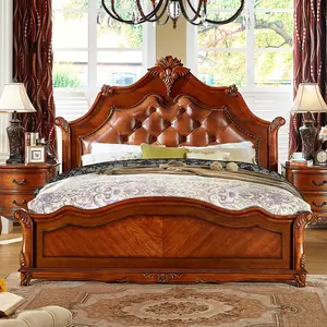 美式风格雕刻皮革床经典木制卧室设置维多利亚睡觉家具