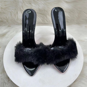 Mules de charol negro con punta en pico y decoración de piel, zapatos de tacón sin cordones para mujer, invierno - Product Image 3