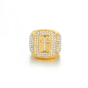 טבעת היפ הופ סיטונאי טבעת נירוסטה זהב 14 קראט טבעת ריצוף יהלום מזויף