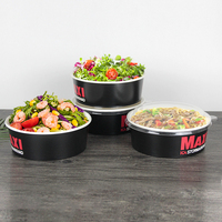 Bols en papier jetables écologiques imprimés sur mesure noirs pour salade à emporter avec couvercle assorti