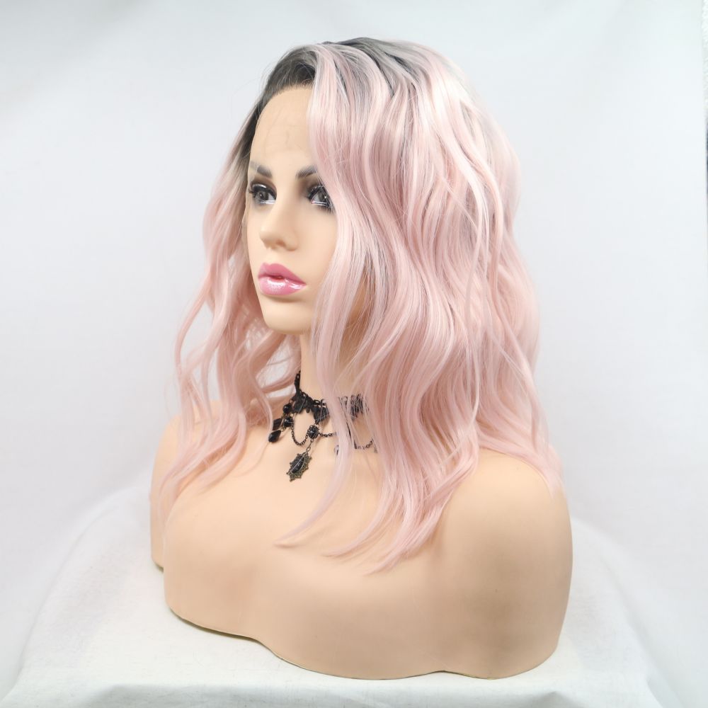 Short Wavy Synthetic Hair Lace Front Wigs 12 Inch Ombre Pink  display picture 1