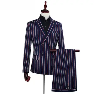 Jacken hose Bräutigam Sänger Host Anzüge Homme, Herren Zweireiher Herren Marineblau Blazer Business Double Striped Dress Suit