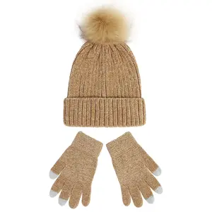 Conjunto de gorro y guantes de punto cálido de invierno térmico sólido con logotipo personalizado al por mayor con pompón para mujeres y hombres